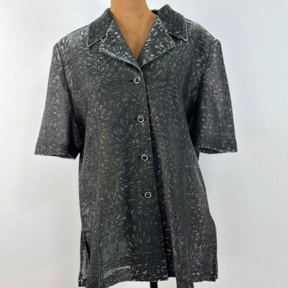 Vintage Korean Boutique Metallic Blouse S M 90s‎ Power Shoulder Art Chic
